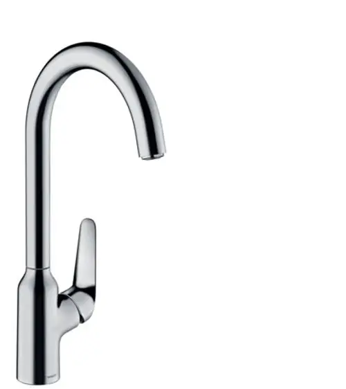 Ein chromfarbener Spültischmischer von Hansgrohe mit einem hohen, geschwungenen Auslauf und einem seitlichen Hebel zur Bedienung.
